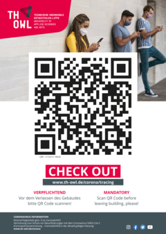 Ein Gebäude-/Raumposter mit QR-Code und URL zum Anmelden (CheckOut) Ein Gebäude-/Raumposter mit QR-Code und URL zum Anmelden (CheckOut)