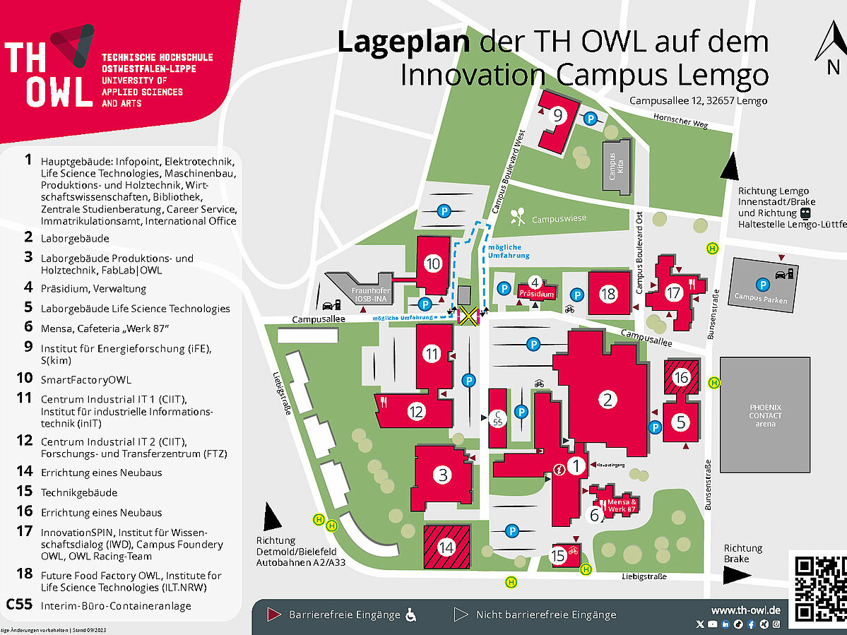 Lageplan aller Bauten der TH OWL in Lemgo. Umfahrung um das Blockheizkraftwerk ist eingezeichnet.