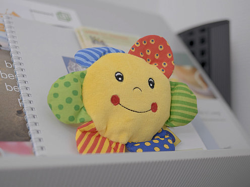 Familienservice bunte Spieluhr Bunte Spieluhr in Form einer Blume, die auf einem Regal vor Broschüren liegt.
