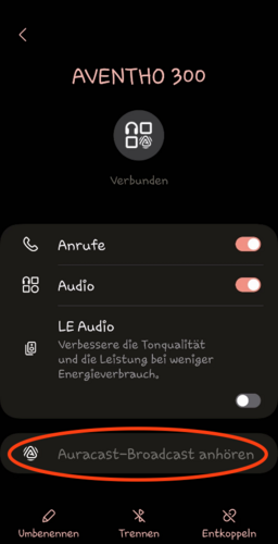 Screenshot: Ansicht des Bluetooth-Menüs. In der Liste der Optionen ist der Menüpunkt 'Auracast-Broadcast' rot umkreist.