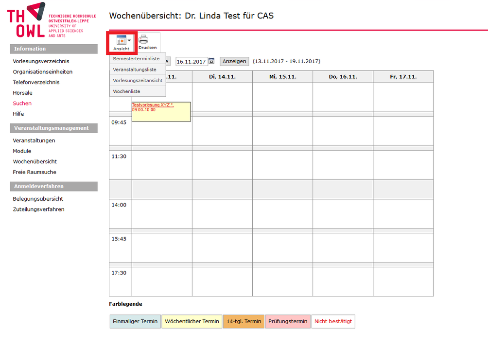 Ansicht, Vorlesungszeitansicht auswählen