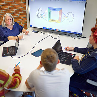 Schulungsangebote Eine Personengruppe im Dialog vor einer digitalen Whiteboard..
