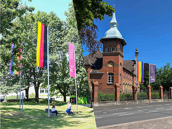 A split-screen image combining a photo of the Innovation Campus Lemgo and the Kreativ Campus Detmold. The flags flying can be seen in both photos.