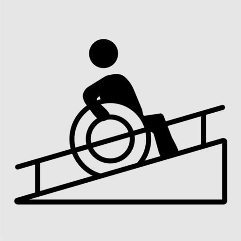 Baulich Icon: 1 Person im Rollstuhl auf einer Rampe.