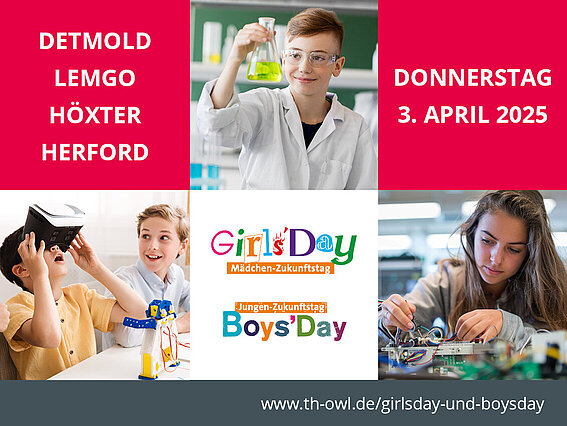 Jungen und Mädchen experimentieren. Schrift Detmold, Lemgo, Höxter, Herford. Donnerstag, 3. April 2025, Girlsday, Boysday