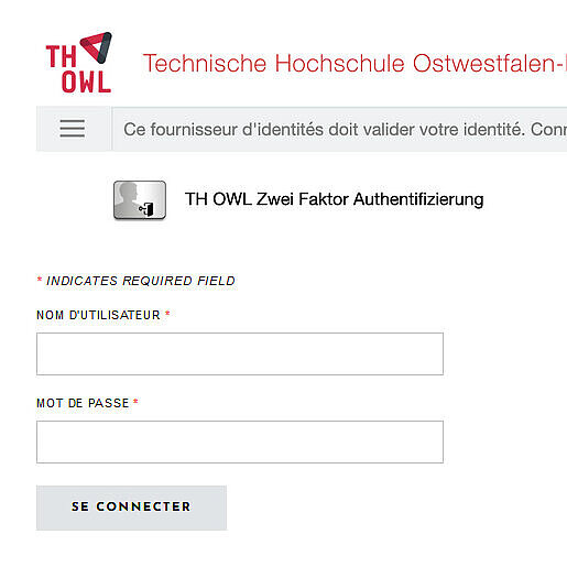 Die nachgebaute Anmeldeseite der TH OWL wartet derzeit noch mit französischen Texten auf. Das könnte sich allerdings schnell ändern.