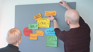 Frau und Mann bei einem Strategiegespräch vor einer grauen Pinnwand, auf die bunte Papierkarten mit Begriffen wie Ziele, Beruf oder Zukunft geheftet sind Frau und Mann bei einem Strategiegespräch vor einer grauen Pinnwand, auf die bunte Papierkarten mit Begriffen wie Ziele, Beruf oder Zukunft geheftet sind