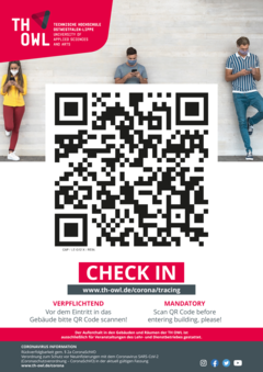 Ein Gebäude-/Raumposter mit QR-Code und URL zum Anmelden (CheckIn) Ein Gebäude-/Raumposter mit QR-Code und URL zum Anmelden (CheckIn)