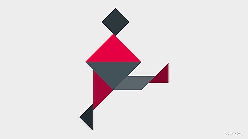 Auf einem Bein balancierende Figur mit nach vorne ausgestrecktem anderen Bein, die sich aus den mehrfarbigen geometrischen Formen des Tangrams zusammensetzt Auf einem Bein balancierende Figur mit nach vorne ausgestrecktem anderen Bein, die sich aus den mehrfarbigen geometrischen Formen des Tangrams zusammensetzt