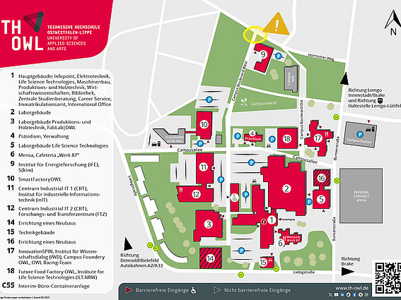 Lageplan der Gebäude der TH OWL. Am Hornschen Weg ist ein Gebiet rund um die Einfahrt zum Haupteingang von Gebäude 9 gelb eingekreist.