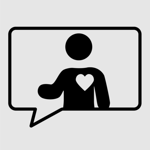 Icon: 1 Person mit ausgestreckter Hand in einer Sprechblase. Rechts auf der Brust ein Herz.