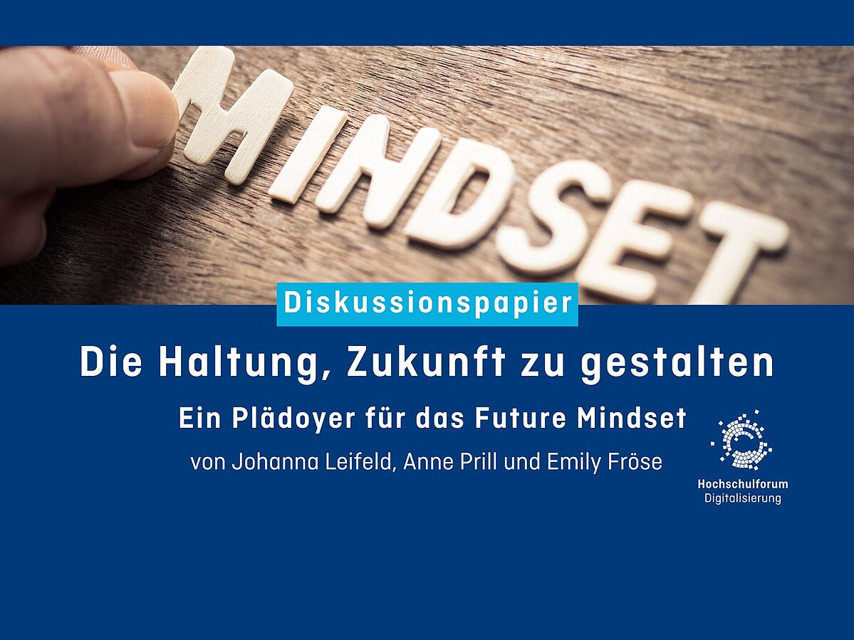 Infografik mit dem Wort "Mindset" und Angaben zum Diskussionspapier "Die Haltung, Zukunft zu gestalten" des Hochschulforums Digitalisierung.