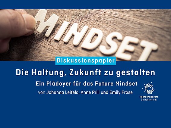Infografik mit dem Wort "Mindset" und Angaben zum Diskussionspapier "Die Haltung, Zukunft zu gestalten" des Hochschulforums Digitalisierung.