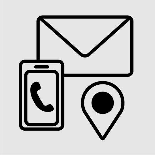 Icon: Ein Briefumschlag, ein Smartphone mit einem Telefonhörer auf dem Bildschirm, ein Standort-Symbol