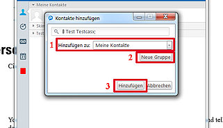 In dem "Kontakte hinzufügen" Fenster können Sie den neuen Kontakt zu einer bestehenden Kontaktegruppe hinzufügen (1) oder eine neue Kontaktegruppe erstellen (2).  Bestätigen Sie Ihre Auswahl mit "Hinzufügen" (3).