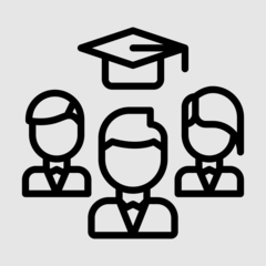 Ein Icon mit drei Personen und einem Doktorhut, die alle stellvertretend für das Studieren stehen. 