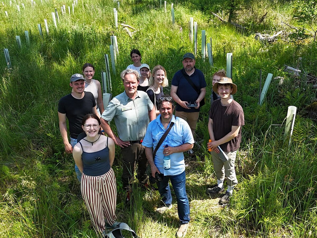 Photo: Eleven people—five men and three women—are standing in the woods in what appears to be a plantation.