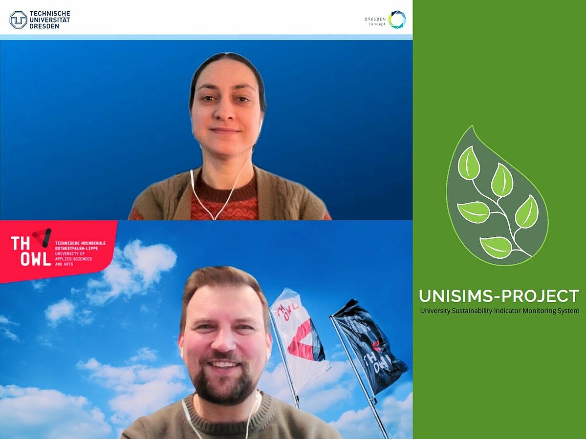 Projektleiterin Dr. Leyla Azizi (TU Dresden) und Nachhaltigkeitsmanager Christian Einsiedel (TH OWL) im Austausch zum Projekt UNISIMS.
