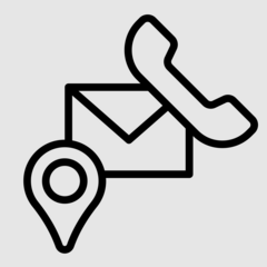 Kontakt-Symbol als Icon mit Briefumschlag, Telefonhörer und Standort-Pin auf grauem Hintergrund