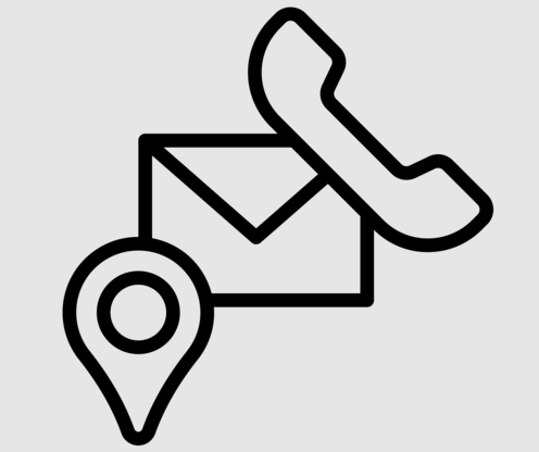 Kontaktmöglichkeiten Kontakt-Symbol als Icon mit Briefumschlag, Telefonhörer und Standort-Pin auf grauem Hintergrund