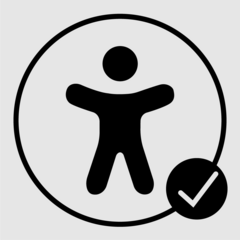 Icon: 1 Person mit ausgestreckten Armen und Beinen in einem Kreis. Rechts an dem Kreis ein Haken.