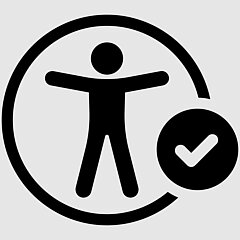 Barrierefreiheits-Symbol: Eine stilisierte menschliche Figur mit ausgestreckten Armen und Beinen in einem Kreis. Rechts daneben ein Kreis mit einem Häkchen, das Barrierefreiheit bestätigt.