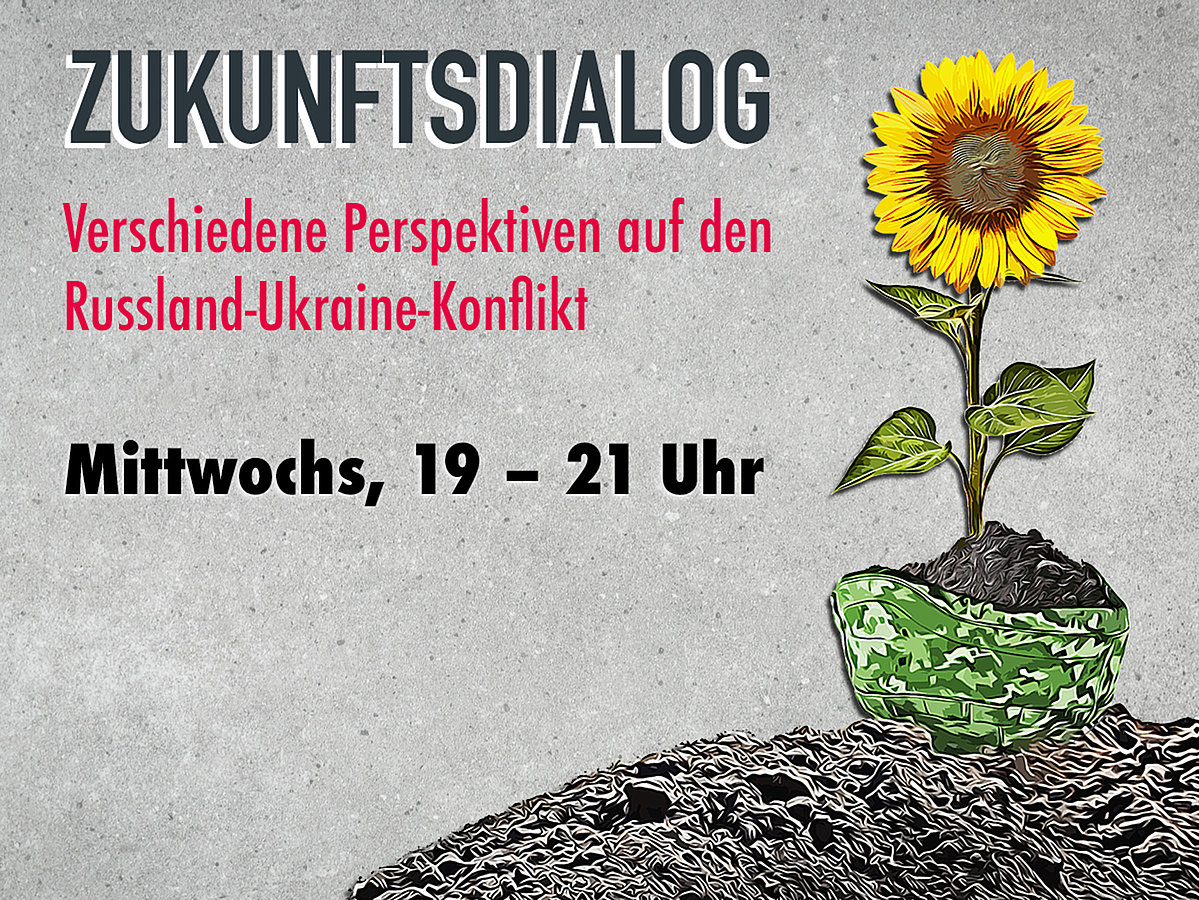 Sonnenblume in einem Militärhelm gepflanzt auf einem Berg aus Schutt und Asche vor grauem Betonhintergrund