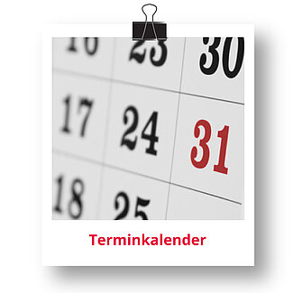Terminkalender Polaroidfoto eines Kalenders mit hervorgehobener Zahl 31. Sichtbarer Text: ‚Terminkalender‘.