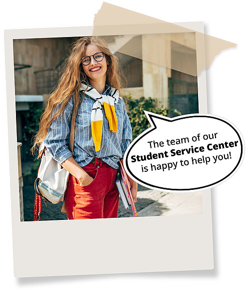 A Polaroid photo of a smiling student with a backpack and school papers on campus. Speech bubble: 'The Student Services team is happy to help you!'
