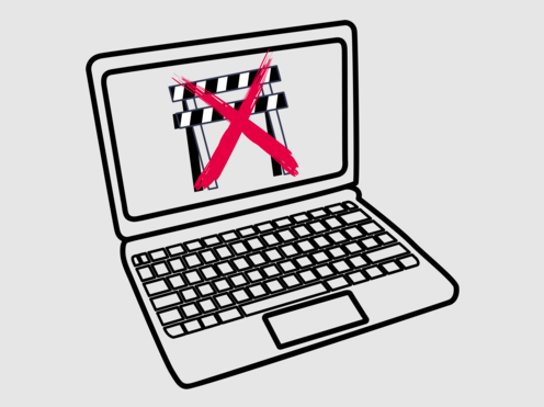 Geöffneter Laptop mit einem durchgestrichenen Barrieren-Symbol auf dem Bildschirm, als Hinweis auf digitale Barrierefreiheit