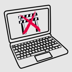 Illustration eines Laptops. Auf dem Bildschirm ist eine schwarz-weiße Hürde/ Barriere mit einem großen roten Kreuz darüber abgebildet. Symolisch für die Abschaffung von Barrieren. 