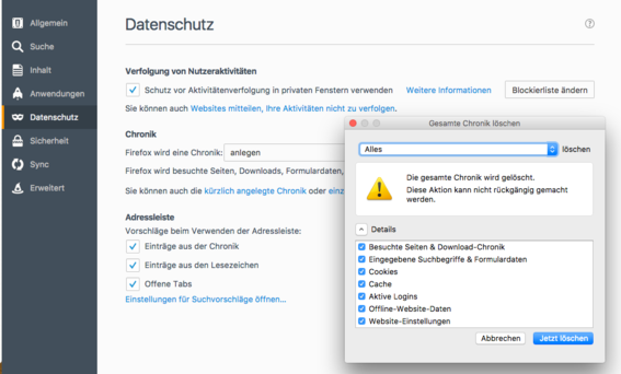 Löschen der Chronik im Firefox unter macOS