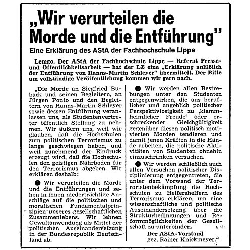 Asta verurteilt Schleyer-Entführung Asta verurteilt Schleyer-Entführung
