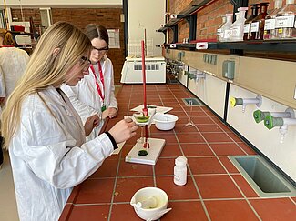 Zwei Mädchen analysieren Blattfarbstoffe, indem sie die Flüssigkeit durch ein Gefäß laufen lassen.