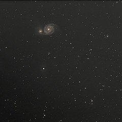 M51: Datum 14. 03. 2008, SBIG-ST10XE, L 10 x 120s, R 6 x 120s, G 6 x 120s, B 6 x 120s, Dark und Flat in Regim, Photoshop CS2, Autoguiding mit ST4 an Pentax SDHF 75