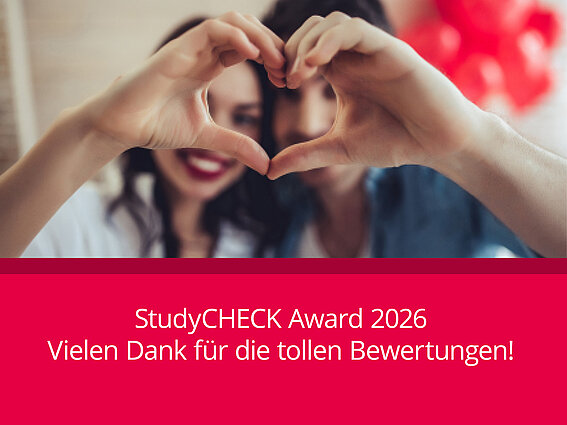 Man and woman form a heart with their hands. Text: Studycheck Award 2026. Thank you for the great reviews!