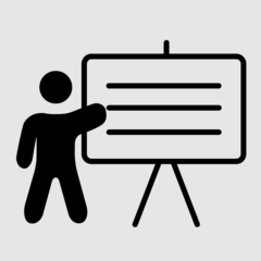 Icon: 1 Person zeigt mit ihrer Hand auf eine Tafel, vor der sie steht.