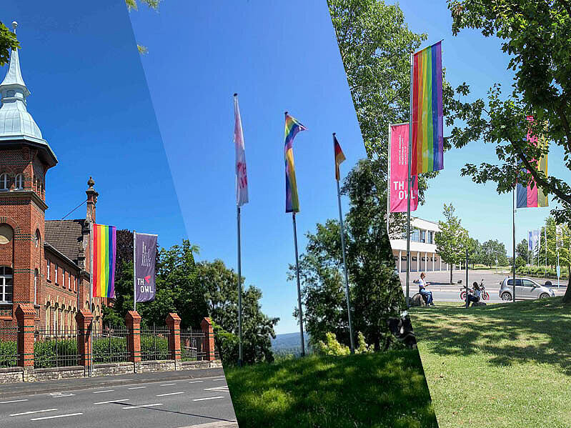 Ein kombiniertes Bild aus Fotos vom Kreativ Campus Detmold, Sustaninable Campus Höxter und Innovation Campus Lemgo. Auf allen drei Aufnahmen sind die gehissten Flaggen zu sehen.
