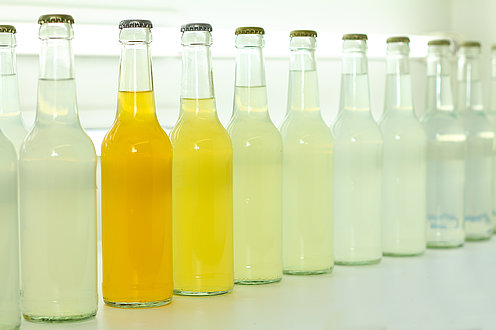 Projekt: Innovative Getränkezutaten Flaschen in Reihe gestellt