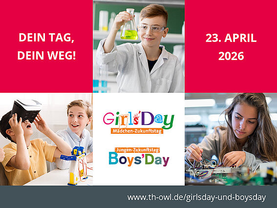 Photos of students in a laboratory, wearing VR headsets, etc. Text: Girls' Day, Boys' Day. Your day, your path. April 23, 2026