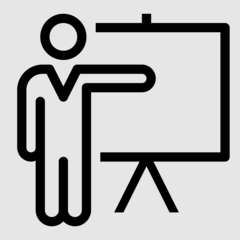 Ein Icon zeigt eine stilisierte Person, die mit einer Hand auf eine Tafel oder ein Präsentationsbrett zeigt. Das Symbol repräsentiert das Thema Lehre. 